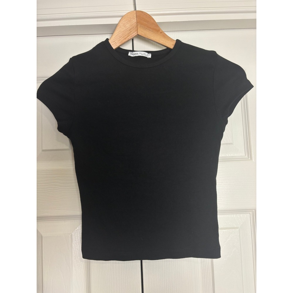 Bershka Black Ribbed Baby Tee Short Sleeve Crew Neck Top Small